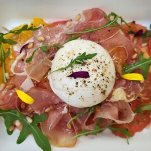 1353 Rosace de tomate en carpaccio, burrata serrano