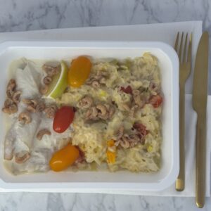 9832 Filet de Flet, beurre blanc, crevettes et risotto aux poireaux
